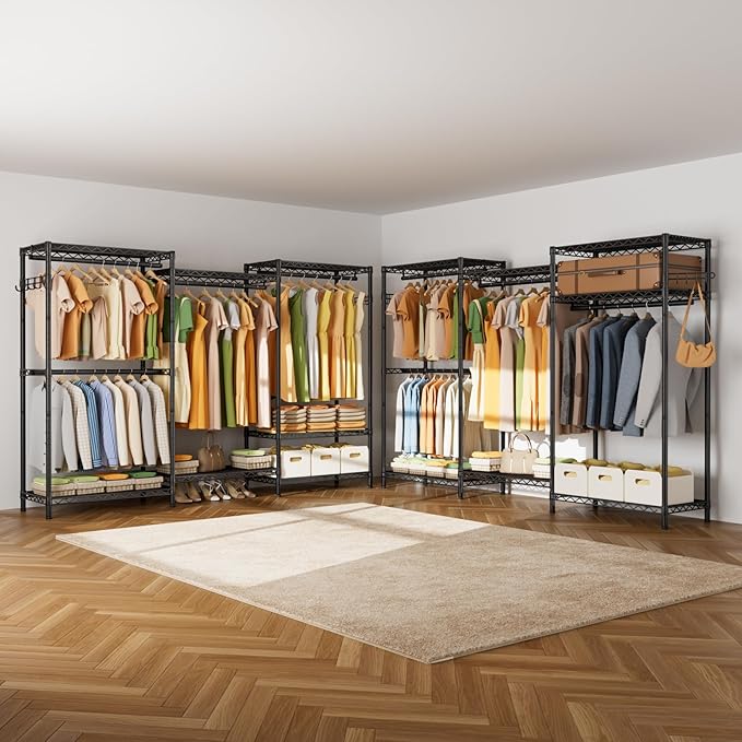 Golpart Heavy Duty Garment Rack Clothes Rack,Large Metal Closet Organizer System Storage Wardrobe,Freestanding Clothing Rack with 8 Adjustable Wire Shelves&4 Hang Rods,MaxLoad 800lbs