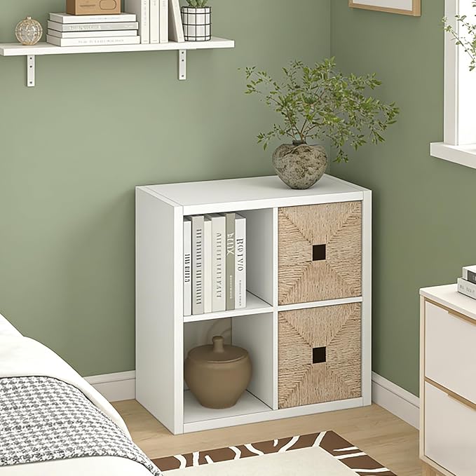 CTESNE【2026 Wooden Thick Frame 4 Cube Storage Organizer Shelf with Anti-Tipping Kits + Reversible Open Back Bookcase, Horizontal and Vertical Dual-use（White,11inch）