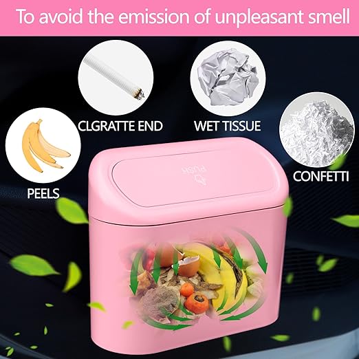 NBTEPEM Pink Car Trash Can with Lid - 2 Pack, Mini Auto Garbage Can with 60 Trash Bags, Leakproof Automotive Garbage Container Bin, Multipurpose Organizers and Storage for Car, Home, Office (Pink)