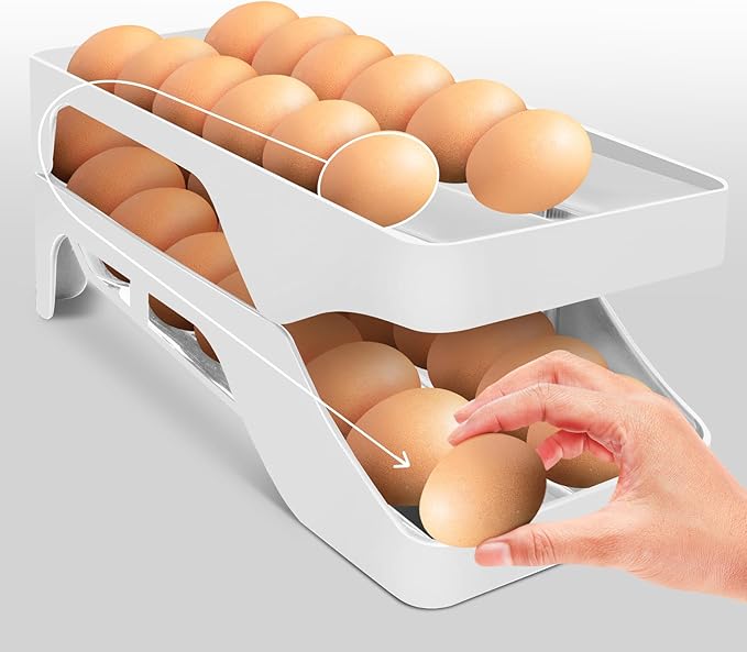 Egg Holder for Fridge Automatic Rolling Egg Dispenser for Refrigerator Kitchen Countertop - Space-saving Egg Roller/Organizer/Storage/Container/Tray for Fridge Double Track