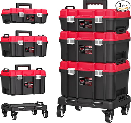 3-in-1 Rolling Tool Box with Wheels,Stackable Modular Tool Organizer System,17" Portable Waterproof Toolbox on Wheels for Garage,Mechanics and Home Repair (Red-Black)