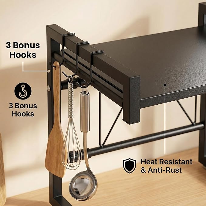PUSDON Adjustable Carbon Steel Microwave Oven Rack, 2-Tier with 3 Hooks, 55lbs Weight Capacity, Black