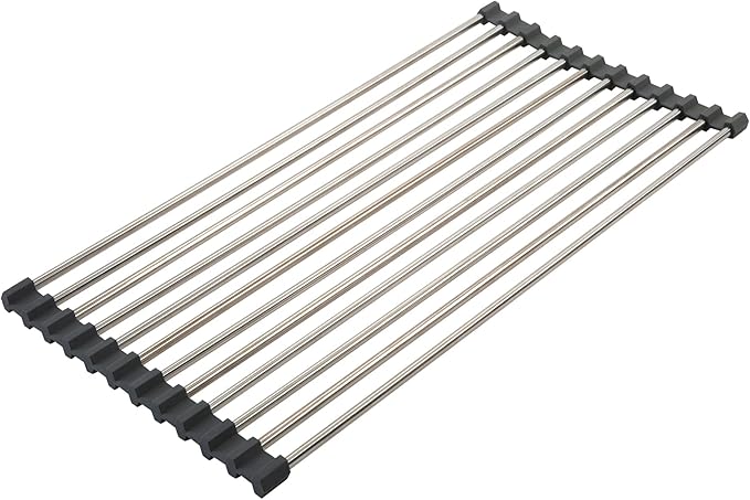 Kitchen Details Over The Sink Drying Rack | Roll Up Dish Mat | Easy Storage | Stainless Steel | Non-Slip Silicone | Drain Tray | BPA Free | Food Safe | Space Saving | Grey