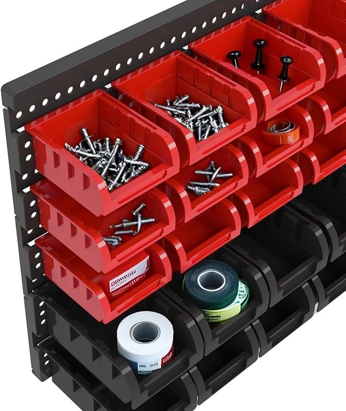 Wall Mounted Storage Bins, Nut and Bolt Organizer, Plastic Bolt Bin, Screw Organizer, Storage Bins for Garage (RED+BLACK, SMALL(30PCS))
