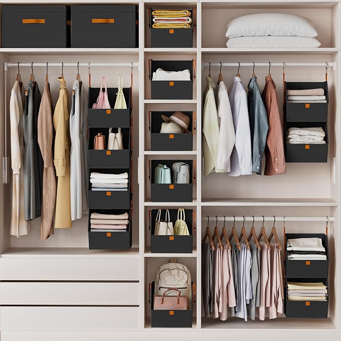 Homsorout Hanging Closet Organizer 4 Tier - Clothes Hanging Shelves, Space-Saving Closet System, Fabric Storage Bins Bedroom Organization, Collapsible Baskets for Home, Dorm, Rv, Black, 8 Pack