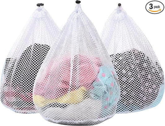 3Pcs Mesh Laundry Bags Washing Machine Mesh Wash Bags Jumbo for Delicates Clothes,Bed Linen,Toys with Drawstring Closure Sturdy(3 XXLarge 28 x 26 Inches)