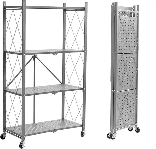 BRIAN & DANY 4-Tier Foldable Storage Shelves with Wheels, Folding Metal Rack Shelving Unit, Heavy Duty No Assembly Organizer Shelf for Garage, Kitchen, Basement, Pantry, Gray
