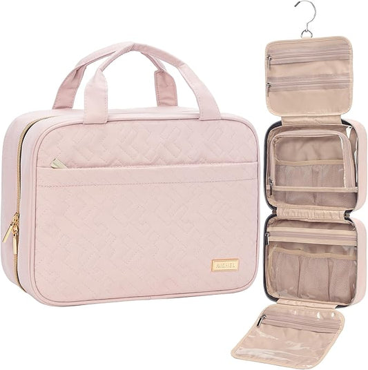 NISHEL Travel Toiletry Bag for women, Portable Hanging Organizer for Travel-Sized Shampoo, Conditioner, Brushes Set, makeup Accessories, Medium Size, Pink