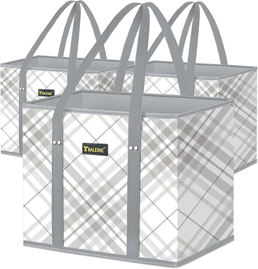 BALEINE 3Pk Reusable Grocery Bags, Foldable Shopping Bags for Groceries with Reinforced Bottom & Handles (Plaid Check)