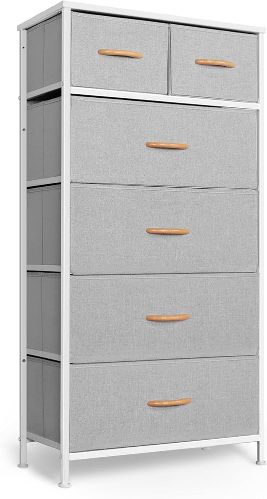 Mifuro Tall Dresser for Bedroom, Vertical Storage Organizer Tower with 6 Drawers, Chest of Drawers with Fabric Bins, Steel Frame, Wood Top for Bedroom, Closet, Entryway- Light Grey