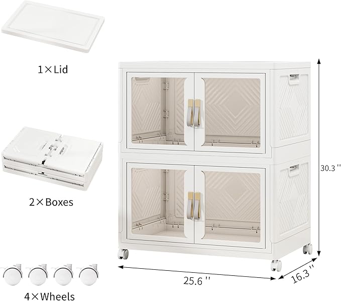 UAMFURI Stackable Storage Bins with Doors & Lids & Wheels, Foldable Collapsible Closet Organizers, Large Storage Cabinet for Bedroom Dorm (2, L)