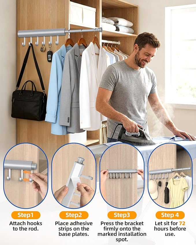 12 Inch Valet Rod for Closet Pull Out, Expandable with 6 Hooks, Closet Rod for Laundry, Bedroom & Tomorrow’s Outfit (Silver, 1 Pack)