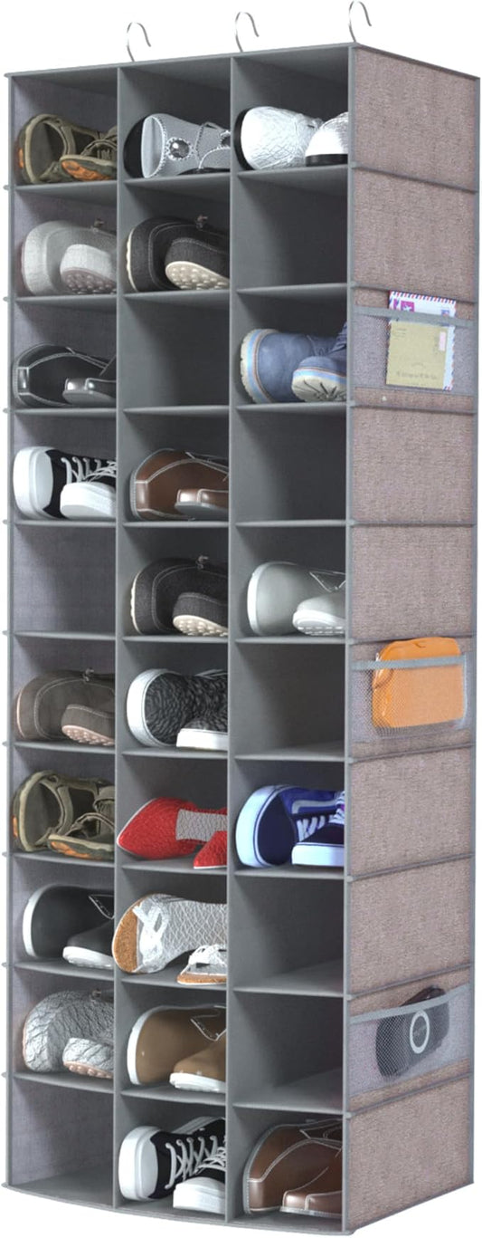 coastal rose Hanging Shoe Organizer, 30 Sections Hanging Shoe Organizer for Closet with 6 Mesh Pockets, Space Saving Hanging Shoe Rack, Grey Closet Shoe Organizer