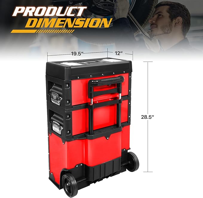 Magshion Heavy-Duty Rolling Tool Box, 3-Tier Stackable Tool Chest System with Wheels & Drawers, Modular Organizer for Small Parts and Tools, Mobile Garage Workshop Storage in Black/Red