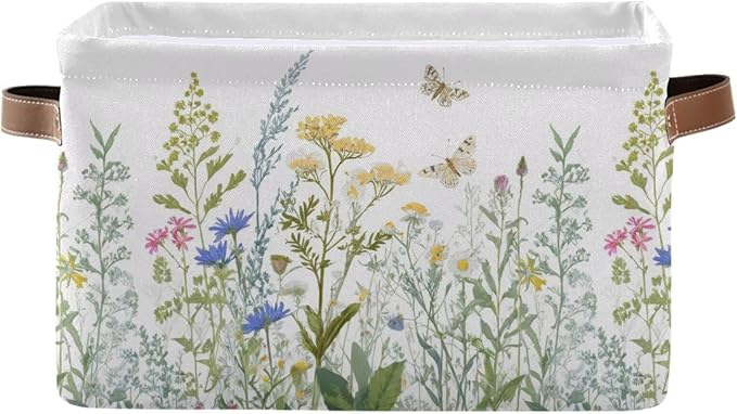 xigua Vintage Colorful Herbs Wild Flowers Floral Storage Basket Collapsible Toy Storage Bins Waterproof Canvas Storage Basket with Leather Handles for Home Closets Offices,Bedrooms,Kids Toy and Gift