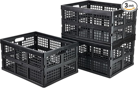 Aebeky 3-Pack Plastic Collapsible Storage Crates-30L,Foldable Plastic Crates for Storage (Black)