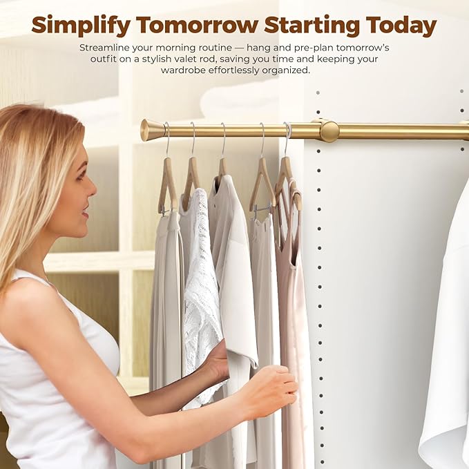 12" Pull-Out Valet Rod for Closet Organization, Add Extra Hanging Space 304 Stainless Steel Closet Rods, Space-Saving Design for Small Closets, Golden