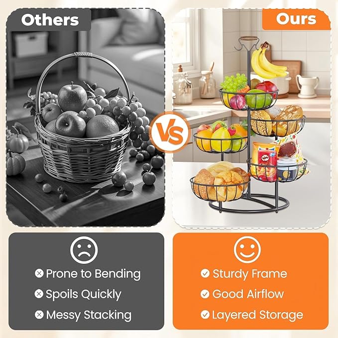 PouHenier.jh 5 Tier Fruit Basket Tower Stand with Banana Hanger for Kitchen Counter, Vegetable Tiered Shelf for Countertop, Tall Standing Produce Holder for Potato, Onion with Stable Base (Black)