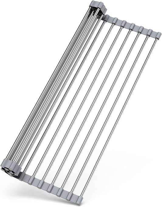 Over Sink Dish Drying Rack, 17" L x 11.8" W, Roll Up Dish Drying Rack for Kitchen, Gray