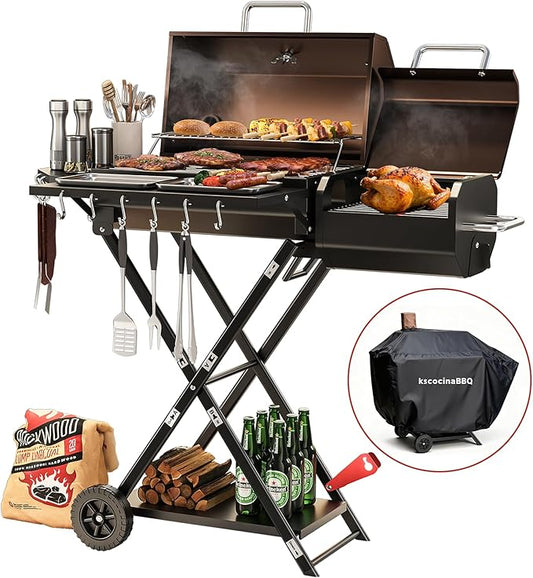 Portable Charcoal Grill with Smoking Function, Foldable Suitcase Design with Wheels, Multi-Tier Storage Rack & Waterproof Cover for Outdoor BBQ Parties (Khaki)