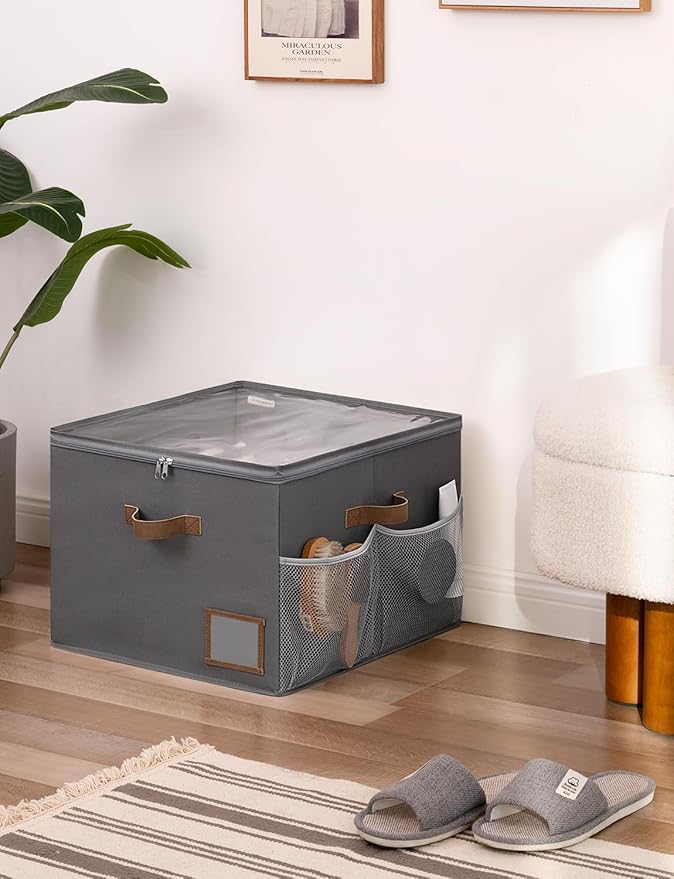 StorageWorks Shoe Organizer for Closet, Fabric Shoe Storage Boxes for Slippers and Sandals, Stackable Shoe Bins for Closet with Side Mesh Pockets, Holds Up to 16 Pairs, Gray