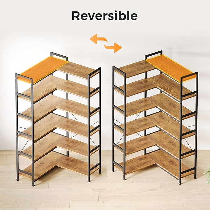 Casaottima Corner Bookshelf 6 Tier, 64 Inches Reversible Book Shelf for Living Room, Industrial Wooden Bookcase with Open Shelves and Metal Frame for Bedroom, Home Office, Kitchen, Vintage