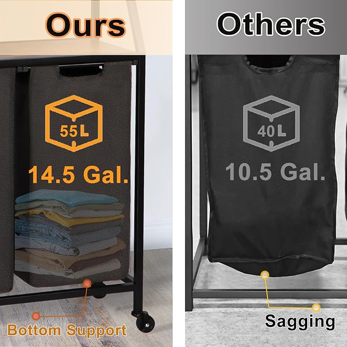 Timberer Laundry Hamper, Laundry Sorter 2 Section, Rolling Laundry Basket with Wheels, 2 Shelves, 2 × 14.5 Gal, Pull-Out and Removable Oxford Fabric Bags, for Laundry Room,Black and Rustic Brown