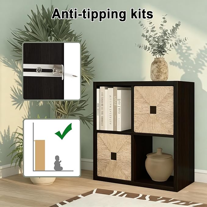 CTESNE【2026 Wooden Thick Frame 4 Cube Storage Organizer Shelf with Anti-Tipping Kits + Reversible Open Back Bookcase, Horizontal and Vertical Dual-use（Chocolate,11inch）