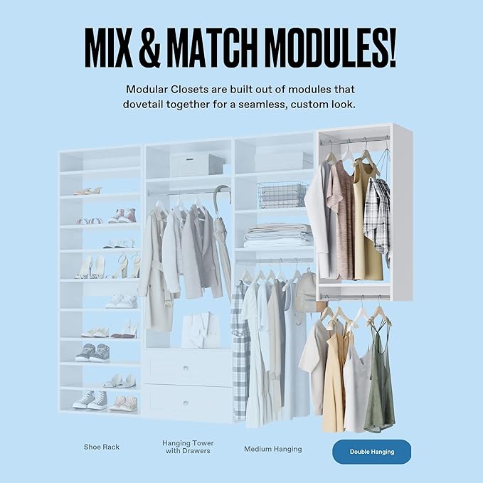 Double Hanging Closet Unit - Modular System for Hanging - Corner Organizer With Storage Shelves (White, 19.5 Inches Wide)