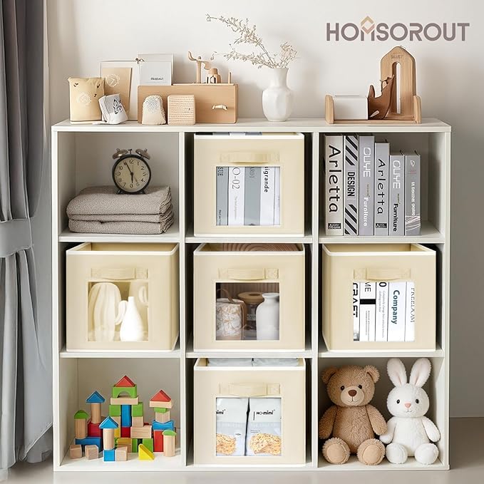 Homsorout Foldable Storage Cubes - Cubby Storage Organizer with Window, Decorative Baskets for Organizing, 11 Inch Fabric Cube Shelf Bins, Set of 10, Beige