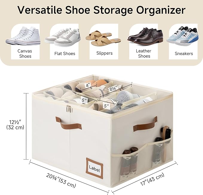 StorageWorks Shoe Organizer for Closet, 2 Pack Shoe Storage Boxes with Clear Lid, Stackable Shoe Storage Organizer for Sandals and Slippers, Fabric Shoe Organizer Bins, Holds 16–32 Pairs, Beige