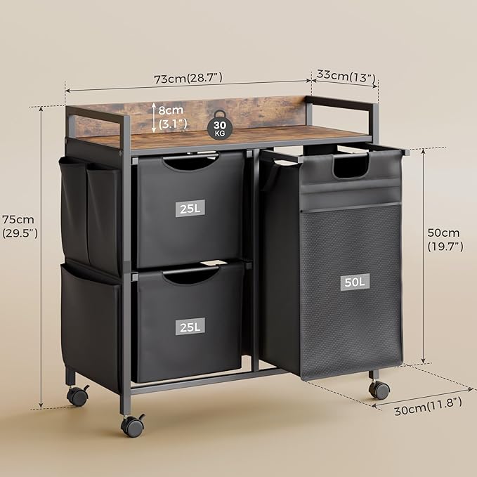 Mondeer Laundry Hamper with 3 Compartments, 100L Laundry Sorter with Wheels, Laundry Basket with Small Side Pockets and Pull-Out Removable Liners for Bedroom Bathroom