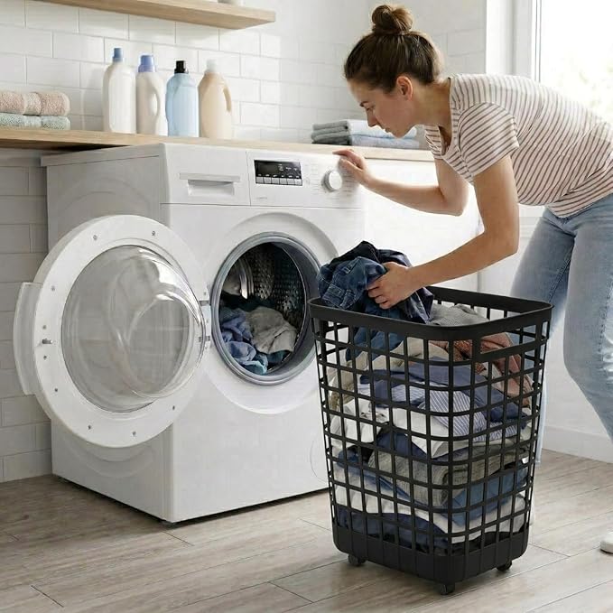 Rolling Laundry Hamper with Smooth-Glide Wheels, 2.6 Bushel Large Capacity Plastic Clothes Basket, Tall Ventilated Open-Top Bin for Easy Access, No Assembly Required Space Saving Storage, Black
