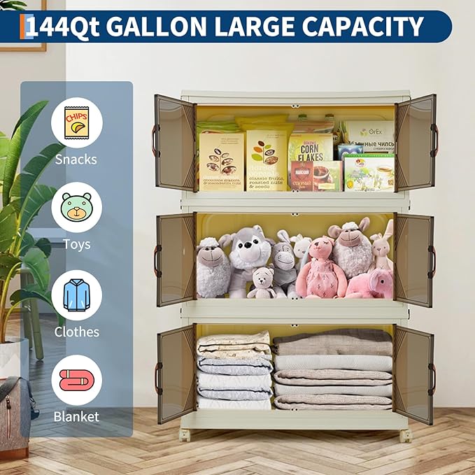 GarveeHome 144QT Stackable Storage Bins, Folding Storage Box with Magnetic Doors & Wheels, Loset Organizers and Storage with Lids, Collapsible Plastic Drawers for Bedroom Kitchen Office, White
