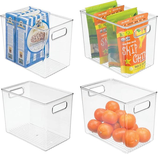 mDesign Plastic Deep Kitchen and Pantry Organizer Storage Bin with Handles for Cabinet, Fridge, Freezer - Food Storage Containers for Snacks, Yogurt Pouches or Fruit, Ligne Collection, 4 Pack, Clear