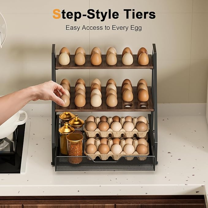 3-Tier Wooden Fresh Egg Holder Countertop With Basket for 36+90 Eggs, Storage for Countertop with Carry Handle for Gathering 150+ Fresh Eggs