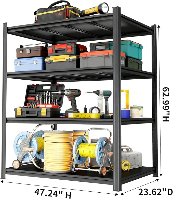 63''H*48W'' Garage Shelving Metal Garage Shelf Unit 4-Tier Storage Shelves Heavy Duty Shelf Organizer Industrial Shelves for Warehouse Basement Kitchen Pantry Commercial, Black