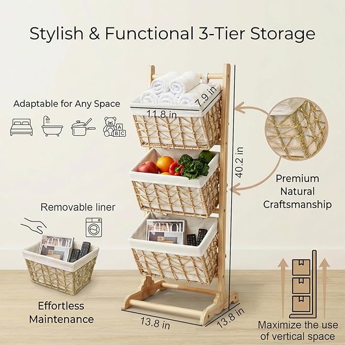 3-Tier basket stand Woven Floor Shelf Stackable Baskets, Multi-story wicker Storage Organizer,Multipurpose Rattan Rack for Bedroom Living Room Kitchen, Holds Toys Books Cans, Bohemian Home Decor