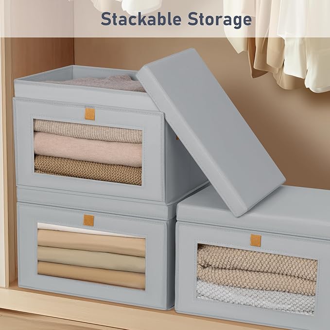Homsorout Large Storage Bins with Lids - Fabric Collapsible Closet Storage Organizer with Window & Handles, Stackable Decorative Storage Boxes for Clothes, Blankets, Sweaters, 4 Pack, Grey