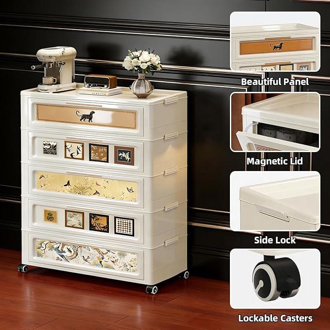 300QT Foldable Storage Cabinet with Lids, Stackable Storage Drawers with Doors and Wheels,ABS Durable Storage Cabinet Organizer for Home, Living Room, Kitchen, Stylish Home Decor (5 Tier)