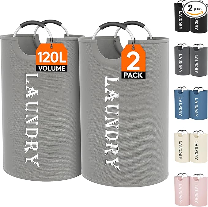 Lifewit 120L 2-Pack Large Laundry Basket, Collapsible Laundry Hamper with Aluminum Handles, Waterproof Freestanding Dirty Clothes Hampers for Laundry Room Bedroom Dorm Bathroom, Silver Grey
