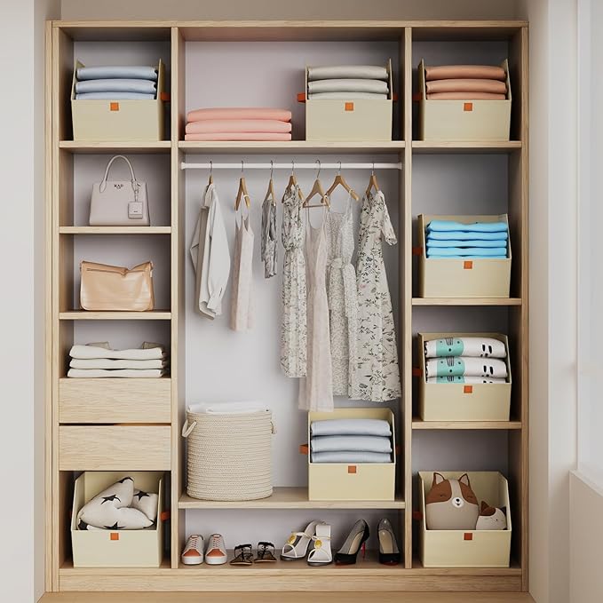 Homsorout Fabric Closet Storage Cubes - 8 Pack Square Storage Bins with Dual Handles for Clothes, Towels, Toys, Cube Storage Organizers for Bedroom, Nursery, Shelves, Closet, Small Spaces, Light Beige