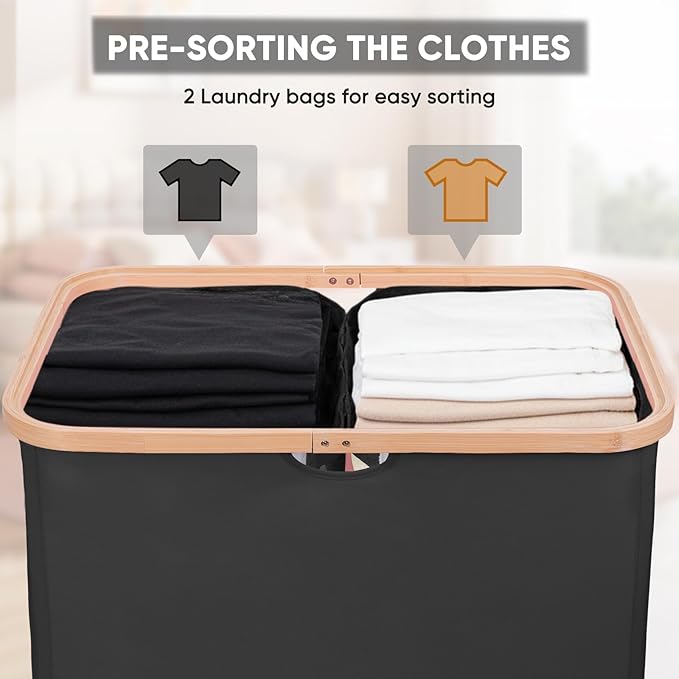 BALEINE Laundry Hamper with Lid, Tall Laundry Baskets with Bamboo Pull Handles, Large Laundry Bin with Internal Support (36 Gal/140L, Black)
