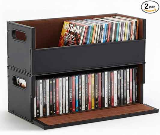 CroBlissful 2 Set Leather Cd Storage Box Organizer Shelf for Movie Cases Cassette Tape Display Stand with Carrying Handles Each Store up to 33 Pcs Cds for Dvds, Video Game Disks, Albums, Books
