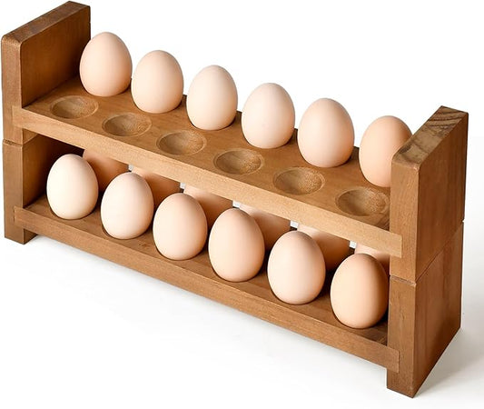 Sishynio Double Layer Egg Tray Holder Countertop - Wooden Fresh Egg Rack Stackable Storage Basket, 2 Tier Egg Organizer for Farmhouse Kitchen Refrigerator
