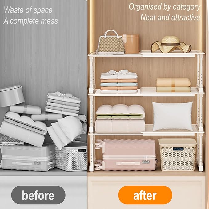 Expandable Cabinet Shelf Orgnizers, Stackable Kitchen Counter Shelves, Adjustable Height Pantry Cupboard Shelf, for Bathroom, Wardrobe, Under Sink Countertop (1)