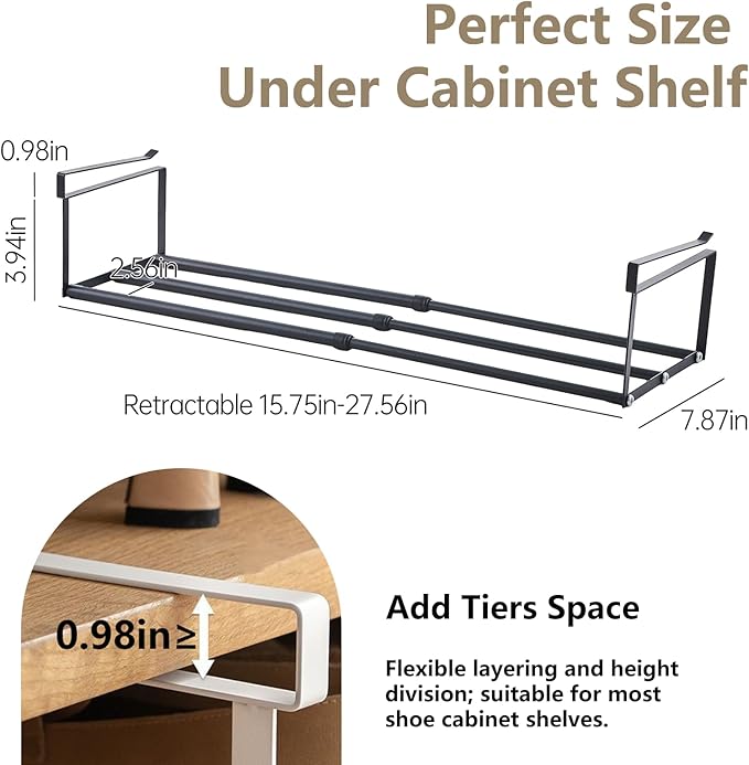 Expandable Hanging Shoe Rack Organizer for Closet, Adjustable Shoe Rack Under Cabinet Shelf, Versatile Under Shelf Storage for Kitchen, Book, Clothing Storage and Organization(Black,2PCS)