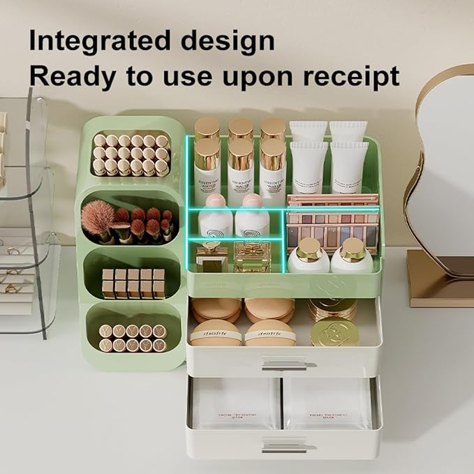 Booklov Makeup Organizer for Vanity, Large Capacity Cosmetic Display Case with Drawers, Countertop Beauty Storage Holder for Skincare, Brush Eyeliner Eyeshadow Lipsticks, Counter Desk, Cream Green