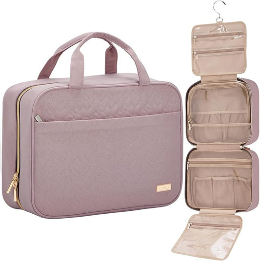 NISHEL Travel Toiletry Bag for women, Portable Hanging Organizer for Family-Sized Shampoo, Conditioner, Brushes Set, Makeup Accessories, Extra Large Size, Peach Pink