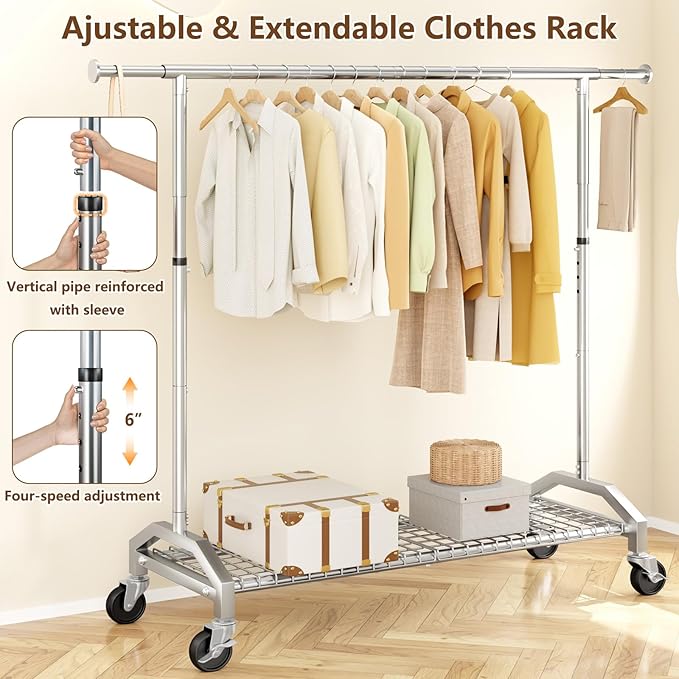 Wiracks Clothes Rack Clothing Rack for Hanging Clothes 350lbs Heavy Duty Coat Rack 51 to 71" W x 16.53" D x 65" to 71" H Adjustable Rolling Clothes Rack Garment Rack 3" industrial Wheels